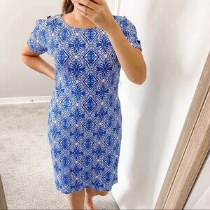 Rafaella Dress Blue White Tribal Pattern Print Short Sleeve Sheath Small Stretch